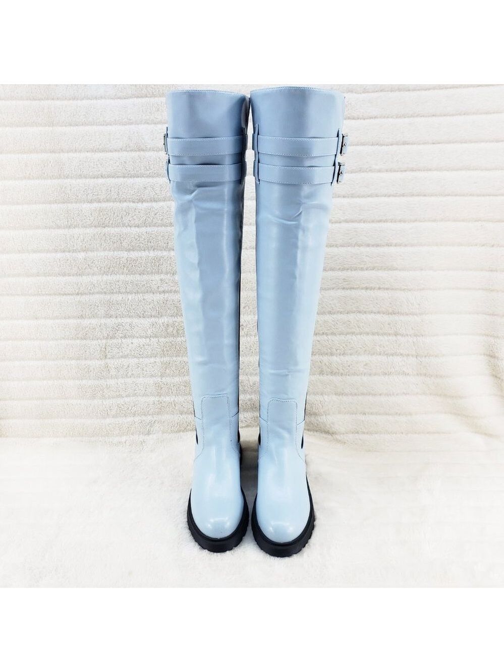 Techno Baby Blue Lycra Stretch Lug Sole Thigh High Combat Rider Brand New - Picture 8 of 16